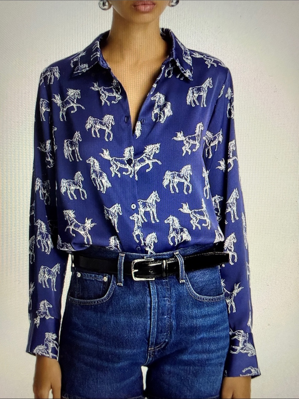 Aqua Navy and White Horse-Print Button-Down Shirt.  Relaxed.   100% polyester.